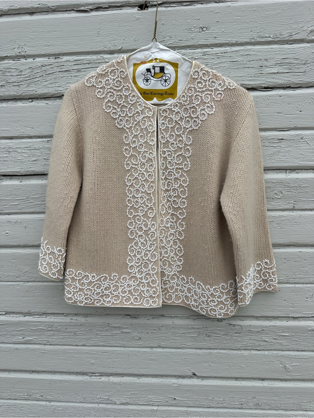 Vintage Beige Knit Cardigan with White Beaded Trim
